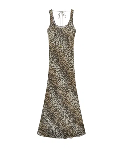 Ganni Animal Print Scoop Neckline Floor-length Dress In Brown