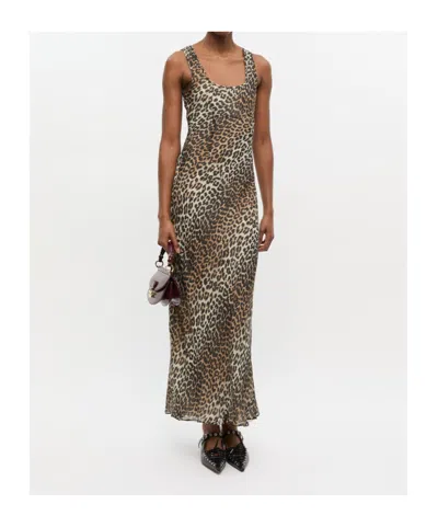 Ganni Animal Print Scoop Neckline Floor-length Dress In Brown