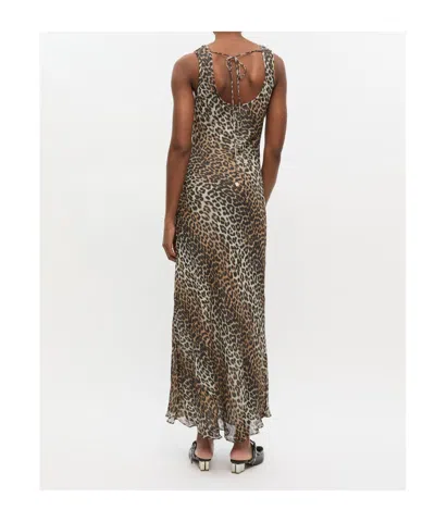 Ganni Animal Print Scoop Neckline Floor-length Dress In Brown