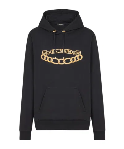 Balmain Printed Chain Logo Hooded Sweatshirt In Black