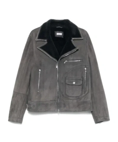 Brunello Cucinelli Shearling Biker Jacket In Gray