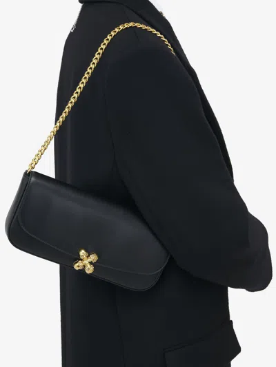 Alexander Mcqueen Black Leather Skull Flower Small Shoulder Bag In Animal Print