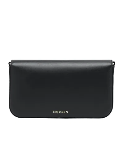 Alexander Mcqueen Black Leather Skull Flower Small Shoulder Bag In Animal Print