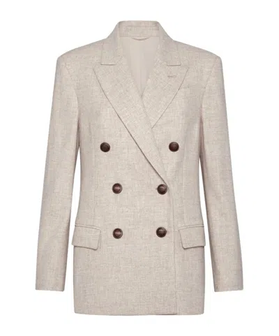 Brunello Cucinelli Double-breasted Jacket With Luxurious Cotton-wool Blend And Elegant Detailing In Neutral