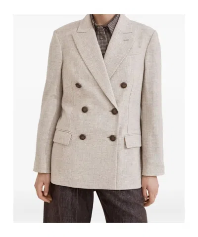 Brunello Cucinelli Double-breasted Jacket With Luxurious Cotton-wool Blend And Elegant Detailing In Neutral