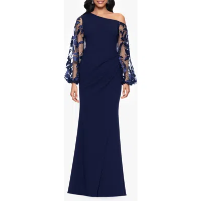 Betsy & Adam One Shoulder Sheer Embroidered Long Sleeve Sheath Gown In Blue