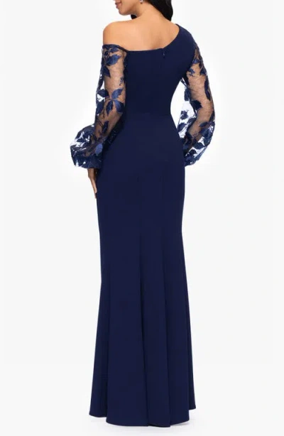 Betsy & Adam One Shoulder Sheer Embroidered Long Sleeve Sheath Gown In Blue