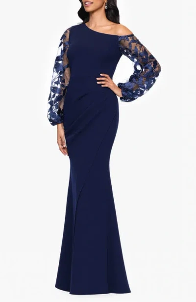 Betsy & Adam One Shoulder Sheer Embroidered Long Sleeve Sheath Gown In Blue