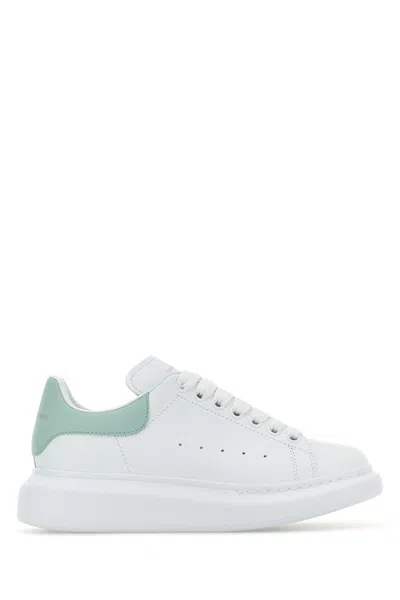 Alexander Mcqueen White Leather Sneakers With Sea Green Leather Heel In Animal Print