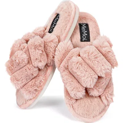 Memoi Double Cross Plush Slipper In Pink