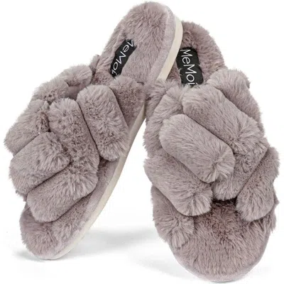 Memoi Double Cross Plush Slipper In Gray