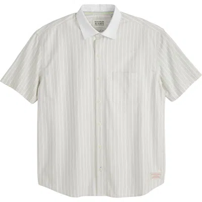 Scotch & Soda Pinpoint Boxy Short Sleeve Cotton Button-up Shirt In White