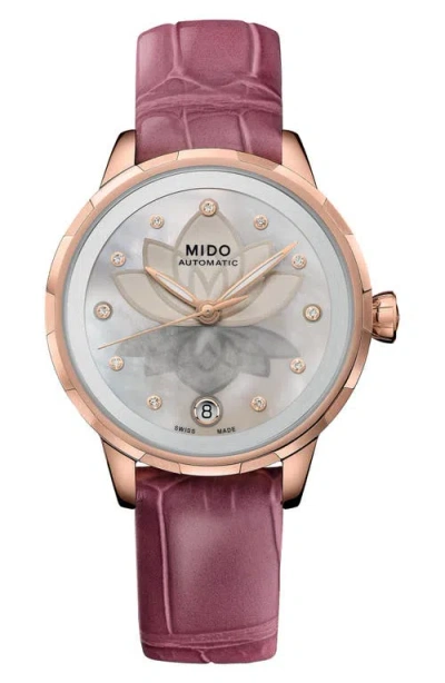 Mido Rainflower Diamond Night Mode Automatic Leather Strap Watch, 34mm In Pink