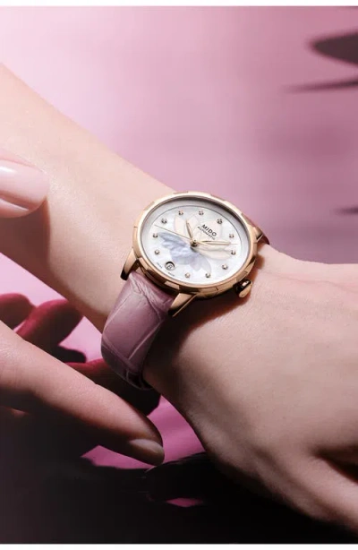 Mido Rainflower Diamond Night Mode Automatic Leather Strap Watch, 34mm In Pink