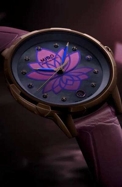 Mido Rainflower Diamond Night Mode Automatic Leather Strap Watch, 34mm In Pink