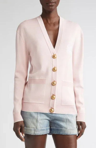 Balmain Emblem Embroidered Knit Cardigan In Pink
