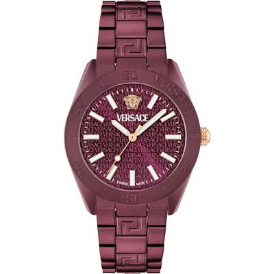 Versace V-dome Aluminum Bracelet Watch In Burgundy