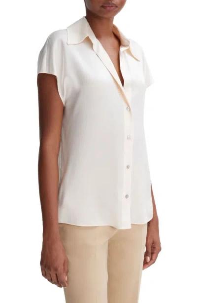 Vince Cap-sleeve Ruched-back Silk Blouse In Neutral