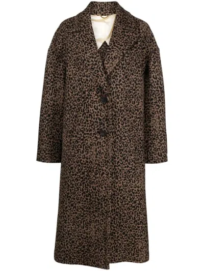 Golden Goose Single-breasted Cocoon Wool Coat With Jacquard Motif In Brown