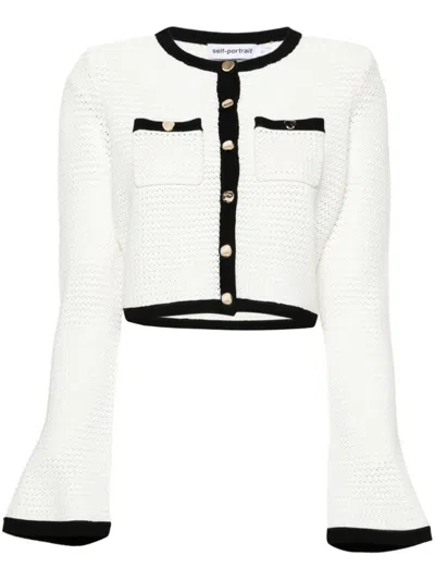 Self-portrait Crochet Cropped Cardigan In White