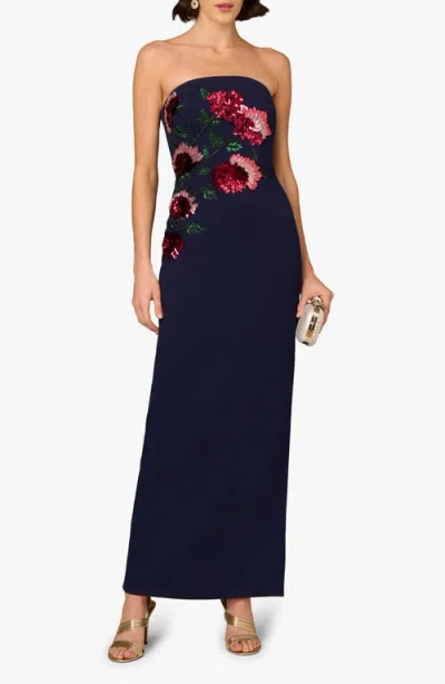 Aidan Mattox Bead Embellished Strapless Column Gown In Blue