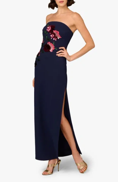 Aidan Mattox Bead Embellished Strapless Column Gown In Blue