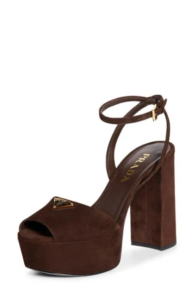Prada Block Heel Open Toe Sandals With Suede Finish In Brown