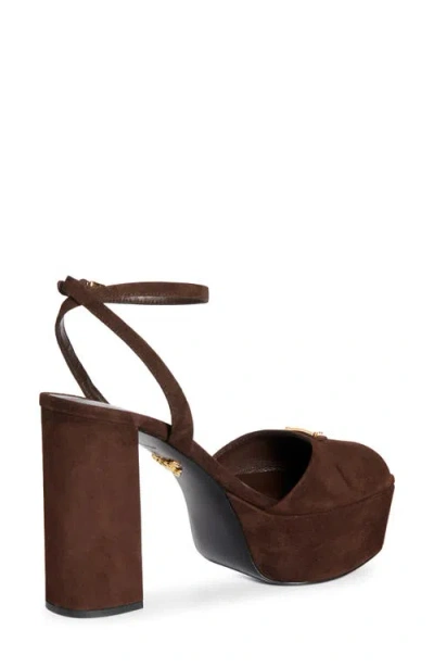 Prada Block Heel Open Toe Sandals With Suede Finish In Brown