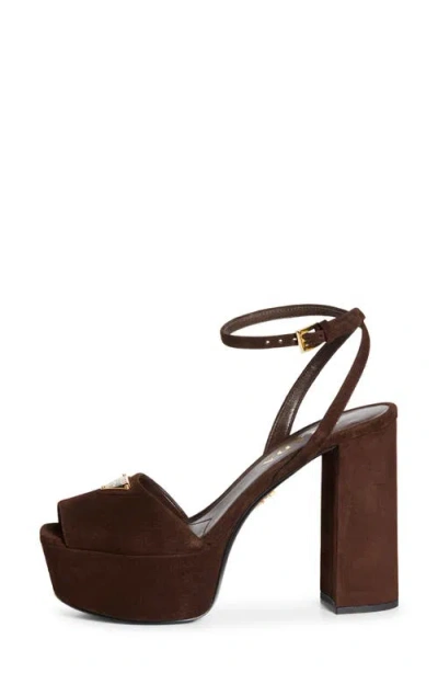 Prada Block Heel Open Toe Sandals With Suede Finish In Brown