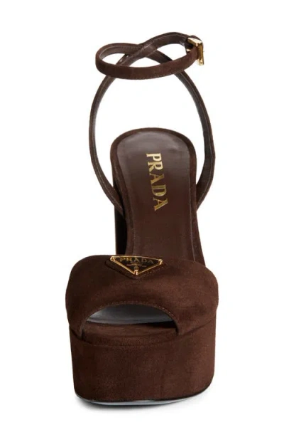 Prada Block Heel Open Toe Sandals With Suede Finish In Brown