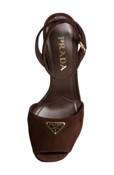 Prada Block Heel Open Toe Sandals With Suede Finish In Brown