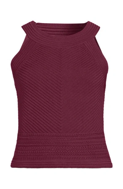 Lands' End Gassed Cotton Pointelle Halter Top Sweater Set Top In Burgundy