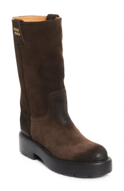 Miu Miu Suede Tall Moto Boots In Brown