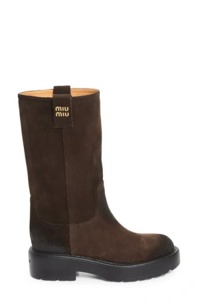 Miu Miu Suede Tall Moto Boots In Brown