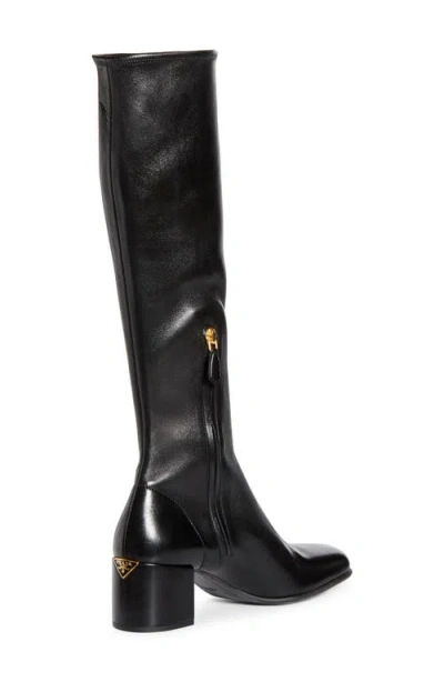 Prada Stretch Leather Knee High Boot In Black