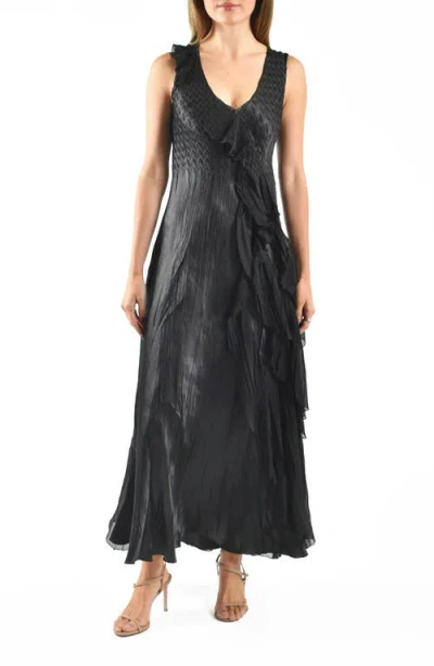 Komarov Side Ruffle Charmeuse & Chiffon Gown In Black