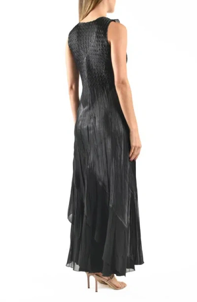 Komarov Side Ruffle Charmeuse & Chiffon Gown In Black