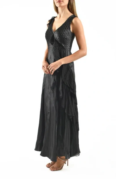 Komarov Side Ruffle Charmeuse & Chiffon Gown In Black
