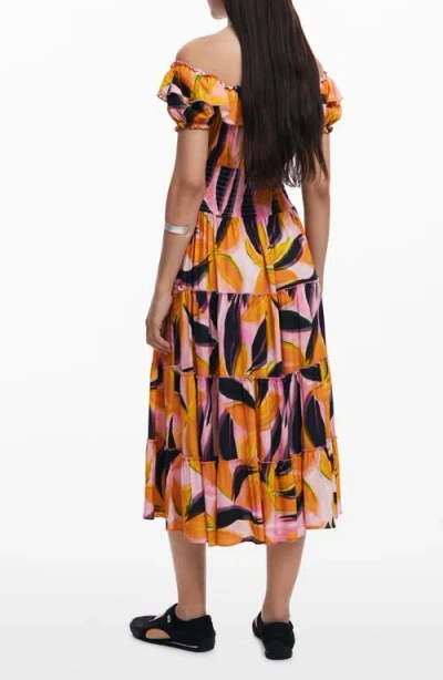 Desigual Abstract Print Off The Shoulder Tiered Midi Dress In Orange