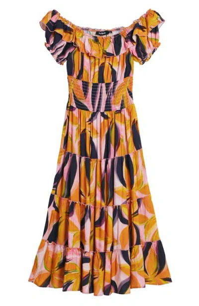 Desigual Abstract Print Off The Shoulder Tiered Midi Dress In Orange