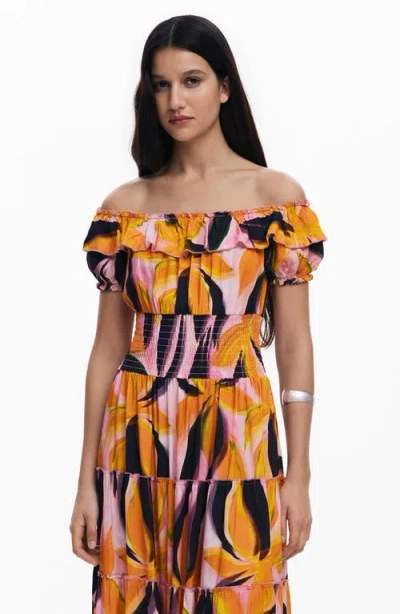 Desigual Abstract Print Off The Shoulder Tiered Midi Dress In Orange