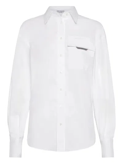 Brunello Cucinelli Classic White Shirt With Pointed Collar And Modern Mesh Detail In White