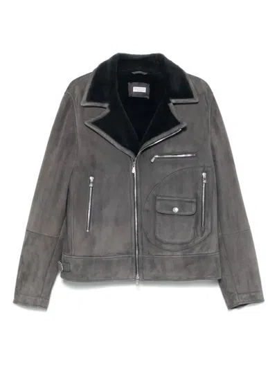 Brunello Cucinelli Shearling Biker Jacket In Gray