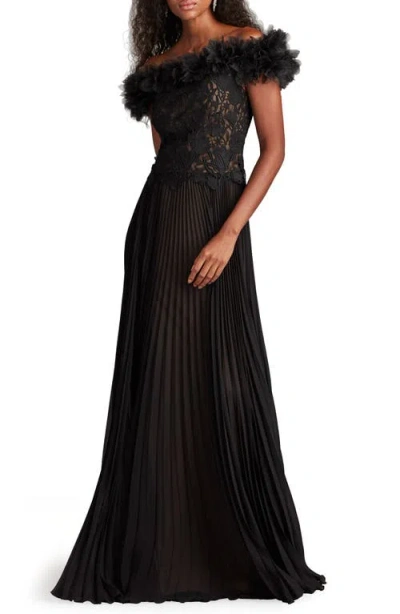 Tadashi Shoji Margaux Off-shoulder Floral Ruffle Trim Gown In Black