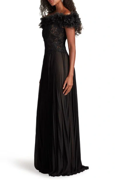 Tadashi Shoji Margaux Off-shoulder Floral Ruffle Trim Gown In Black