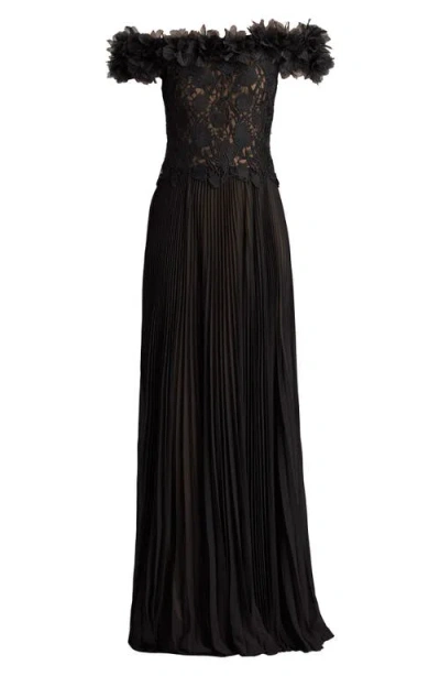 Tadashi Shoji Margaux Off-shoulder Floral Ruffle Trim Gown In Black