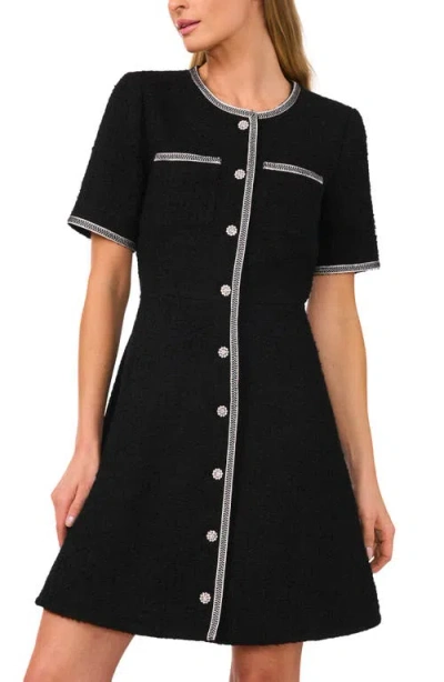Cece Button Front Tweed A-line Dress In Black
