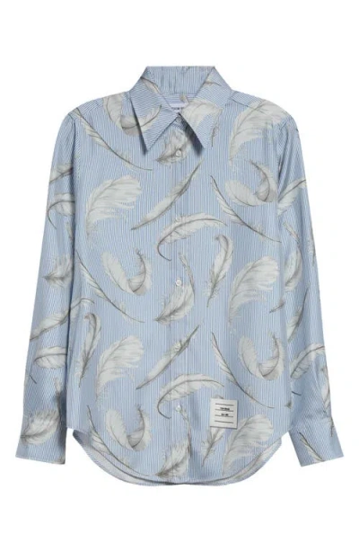 Thom Browne Feather Print Stripe Silk Button-up Shirt In Blue