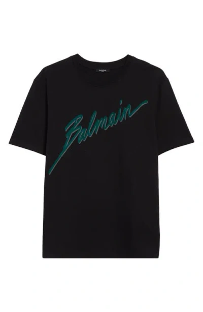 Balmain Crew Neck Flocked Letter T-shirt In Black