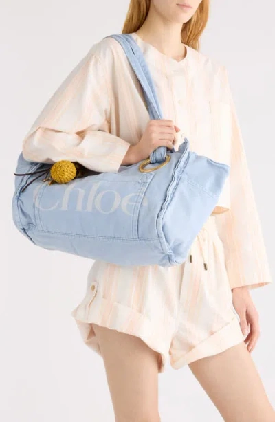 Chloé Medium Plage Washed Cotton Tote In Blue